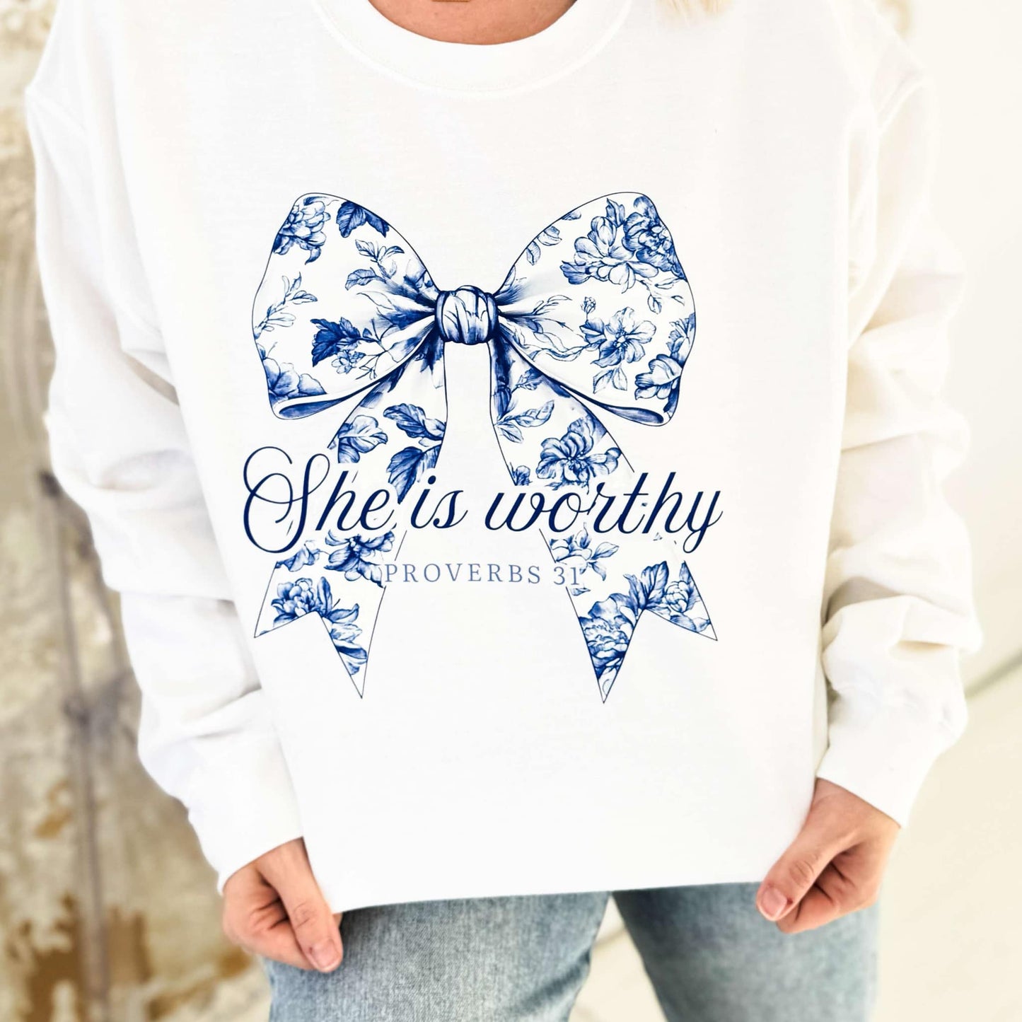 She Is Worthy Blue Bow Graphic Tee