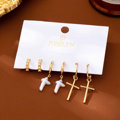 Cross Charm Huggie Hoop Trio Earrings Set | 80E63280
