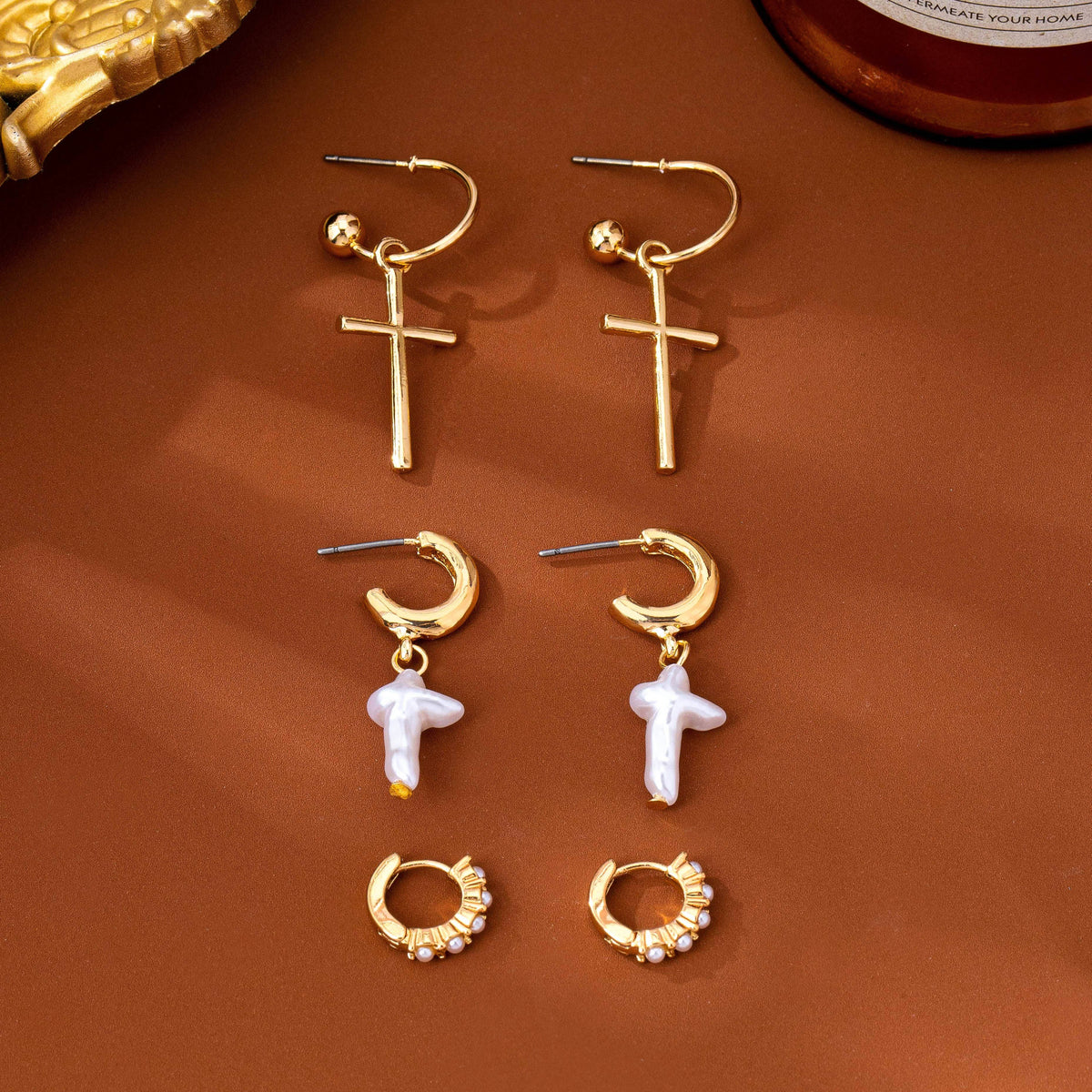 Cross Charm Huggie Hoop Trio Earrings Set | 80E63280