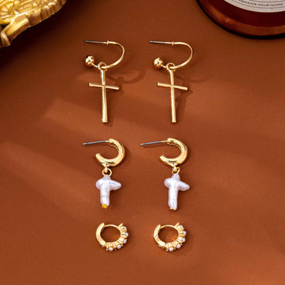 Cross Charm Huggie Hoop Trio Earrings Set | 80E63280