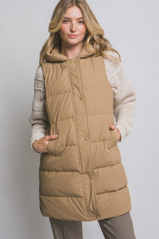 Evie hooded puffer vest- Camel