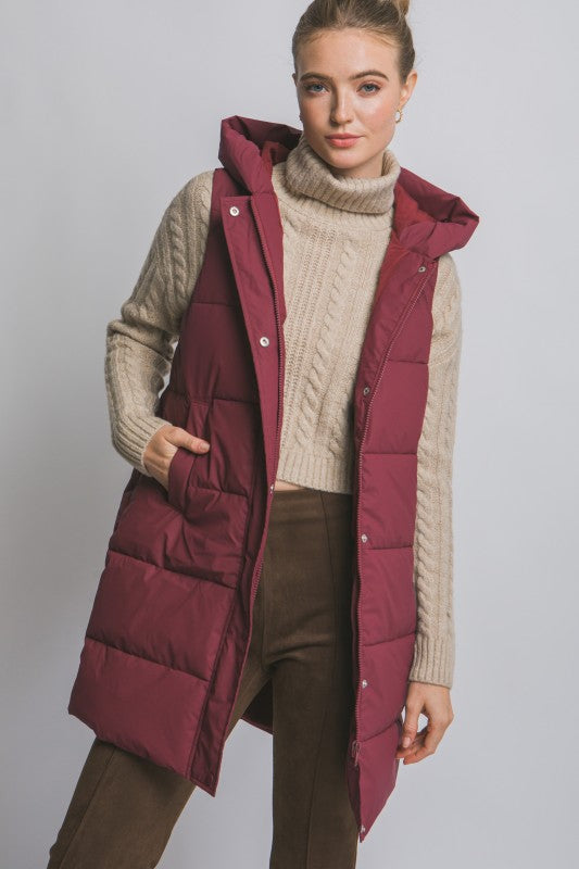 Evie hooded puffer vest- Burgundy