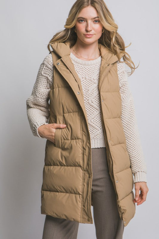Evie hooded puffer vest- Camel