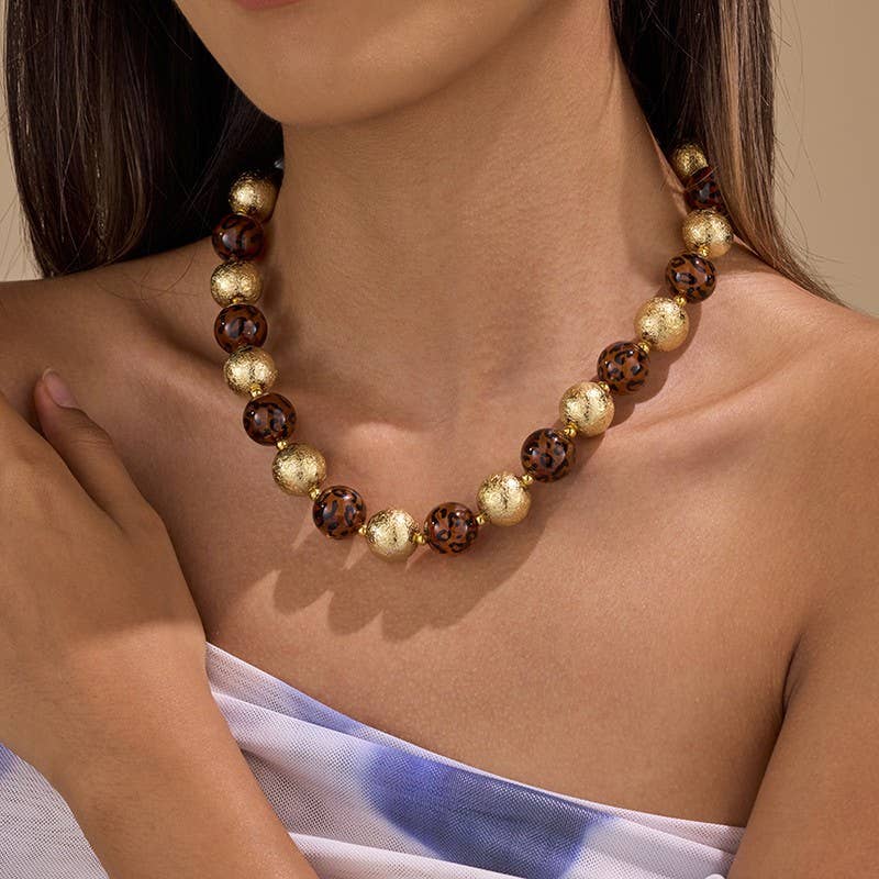 LEOPARD & GOLD CHUNKY BALL BEADED NECKLACE