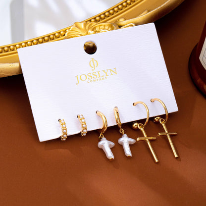 Cross Charm Huggie Hoop Trio Earrings Set | 80E63280