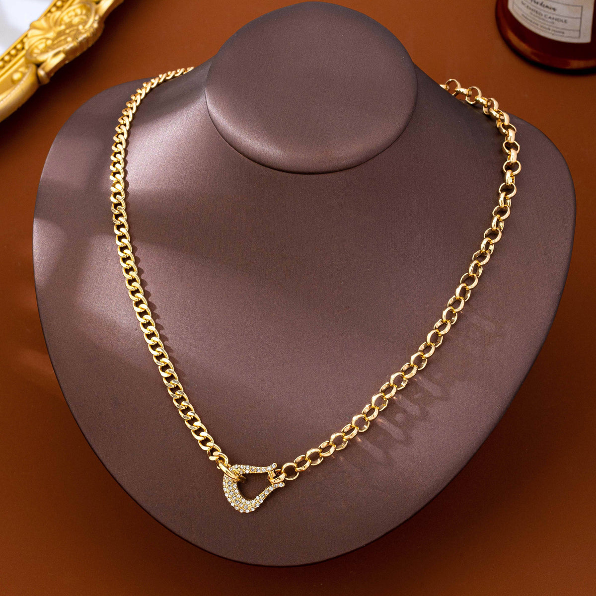 Pave Crystal Horseshoe Carabiner Mixed Necklace