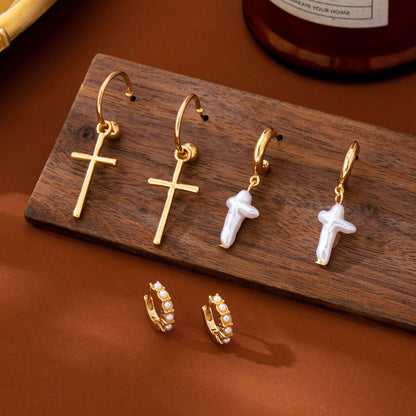 Cross Charm Huggie Hoop Trio Earrings Set | 80E63280