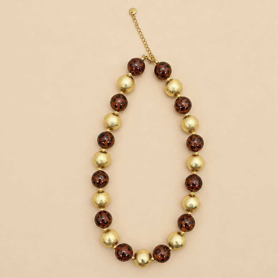 LEOPARD & GOLD CHUNKY BALL BEADED NECKLACE