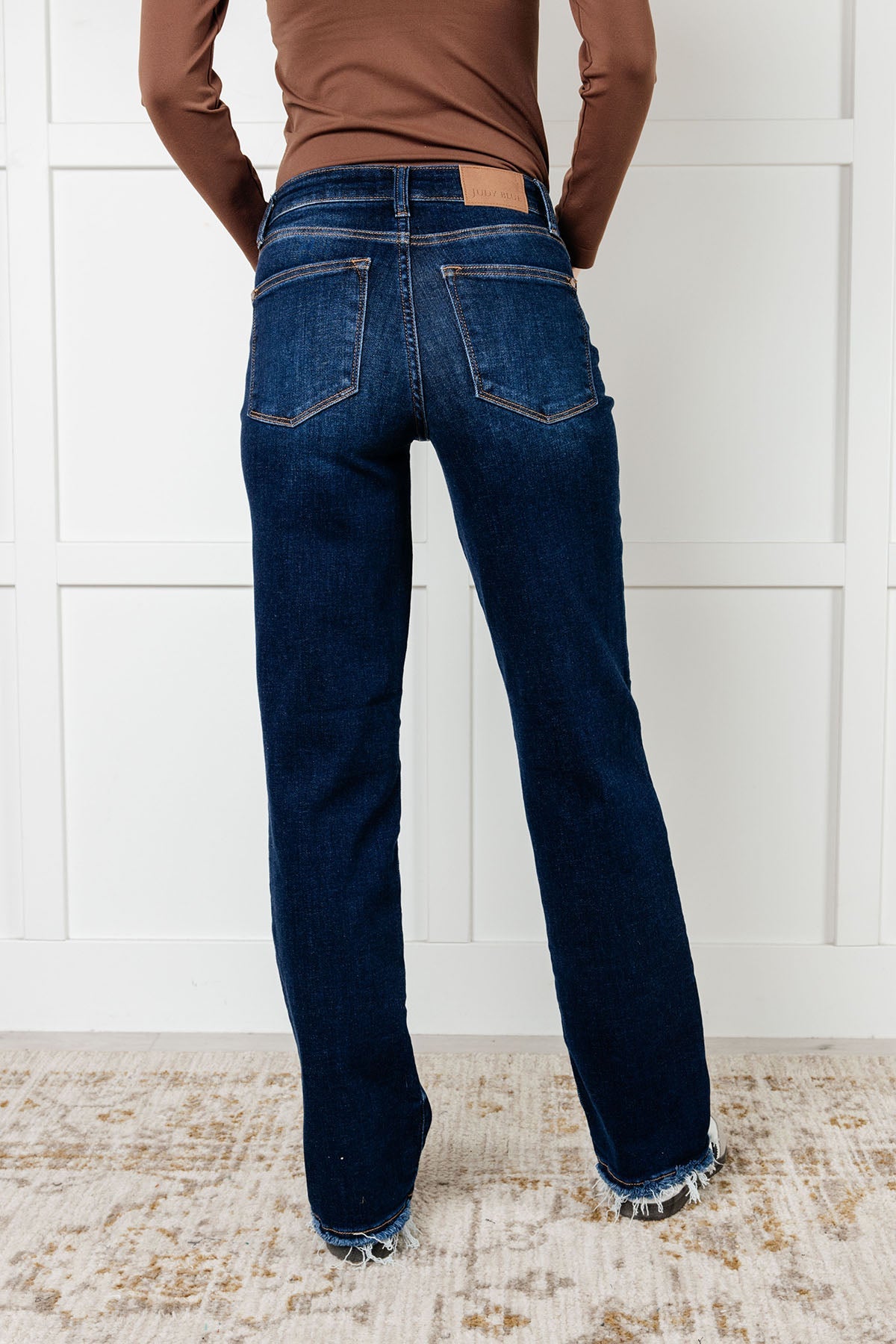 Jacqueline Mid Rise Frayed Hem Straight Leg Jean