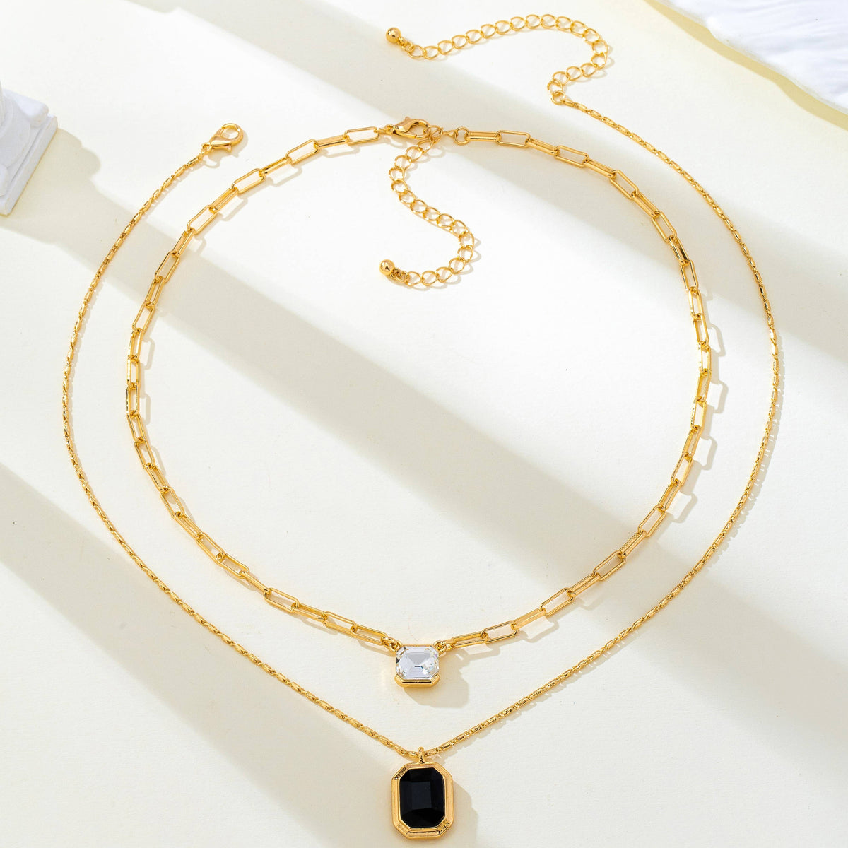 Layered Paperclip Chain Double Gemstone Necklace