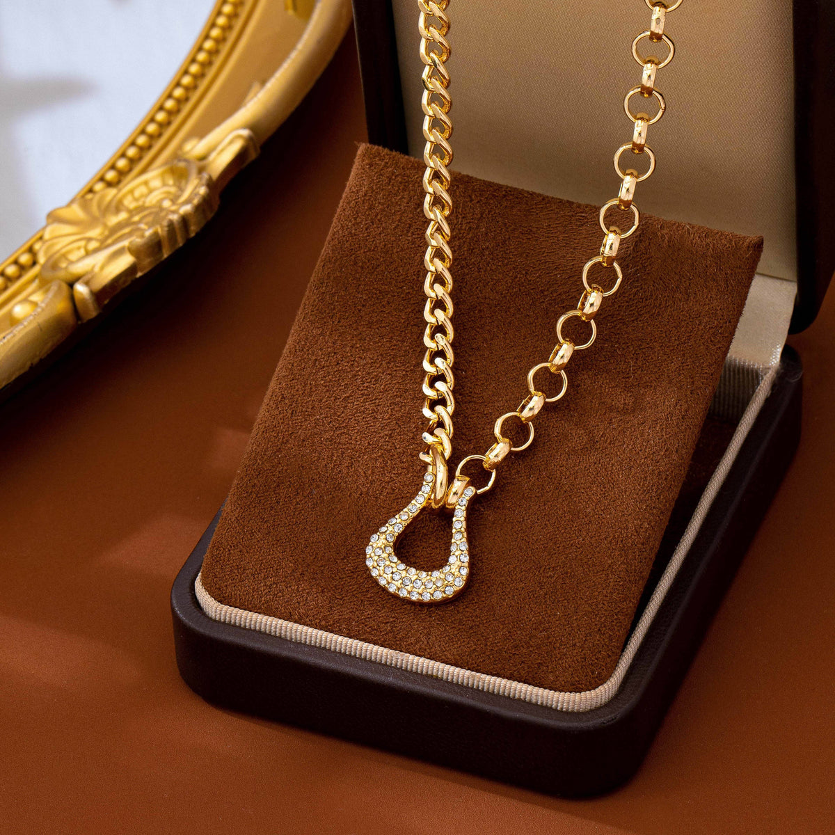 Pave Crystal Horseshoe Carabiner Mixed Necklace