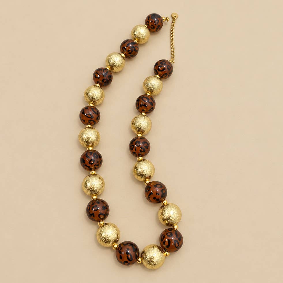 LEOPARD & GOLD CHUNKY BALL BEADED NECKLACE