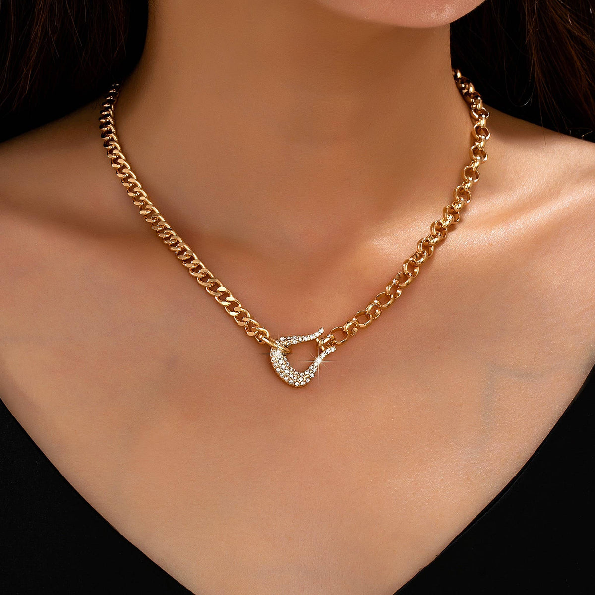 Pave Crystal Horseshoe Carabiner Mixed Necklace