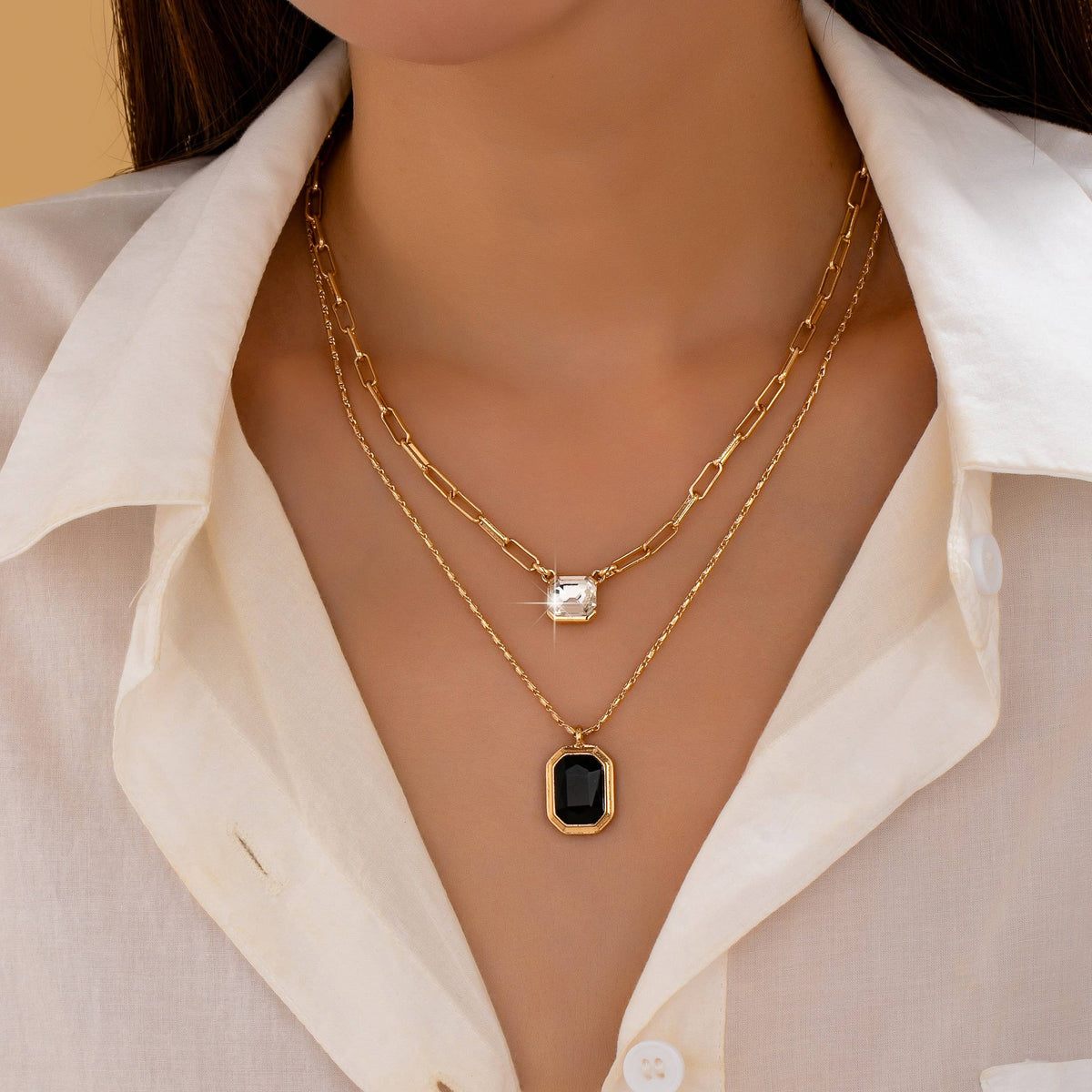 Layered Paperclip Chain Double Gemstone Necklace
