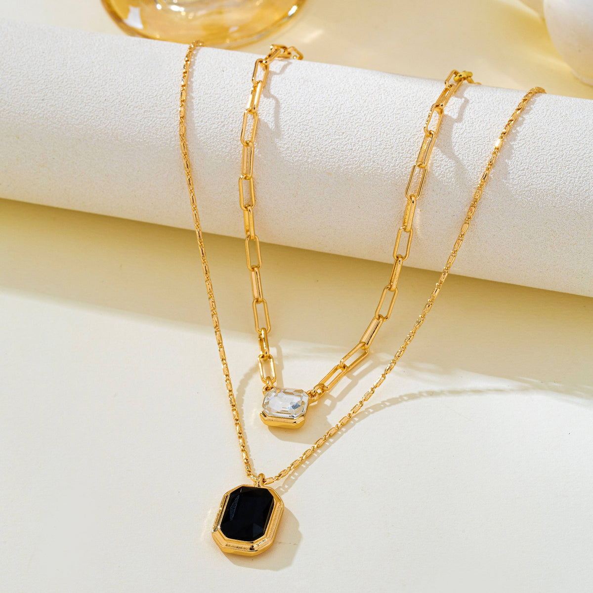 Layered Paperclip Chain Double Gemstone Necklace