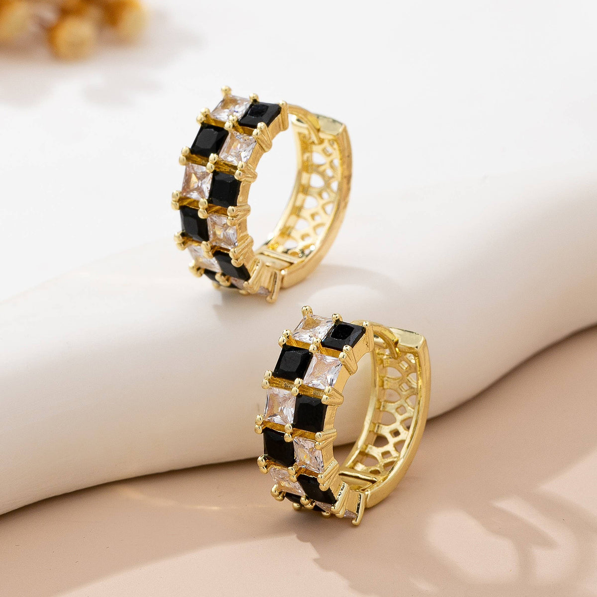 Checker Black & Crystal Baguette Hoop Earrings