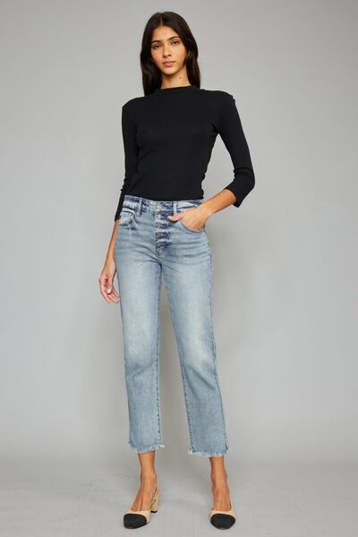 Kancan High Waist Button Fly Raw Hem Cropped Straight Jeans